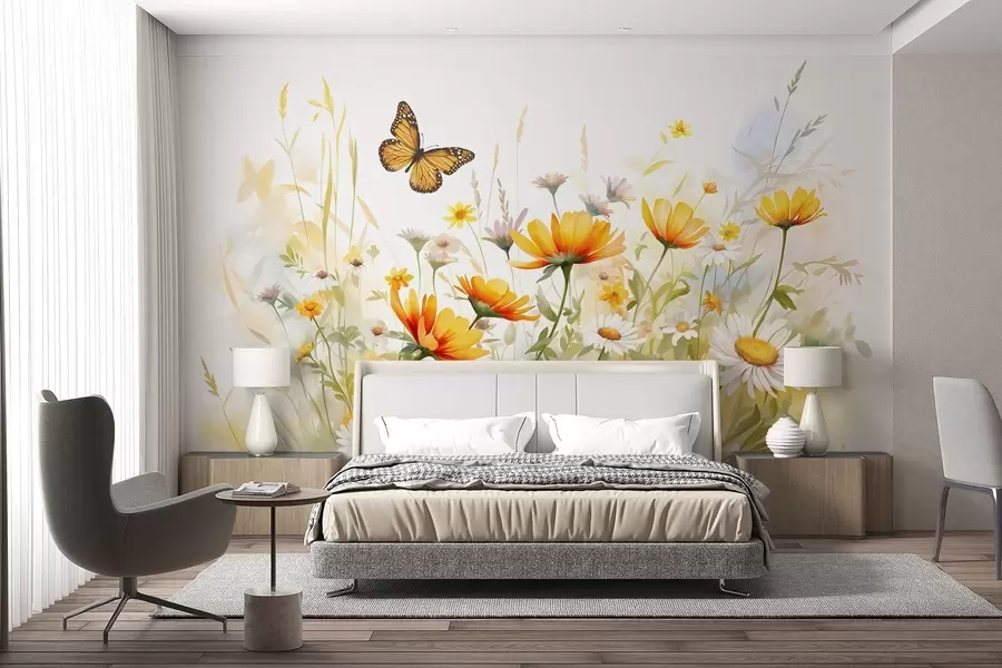 wall murals Живо поље цвећа налик акварелу са наранџастим и жутим цветовима са лептиром изнад цвећа w08739