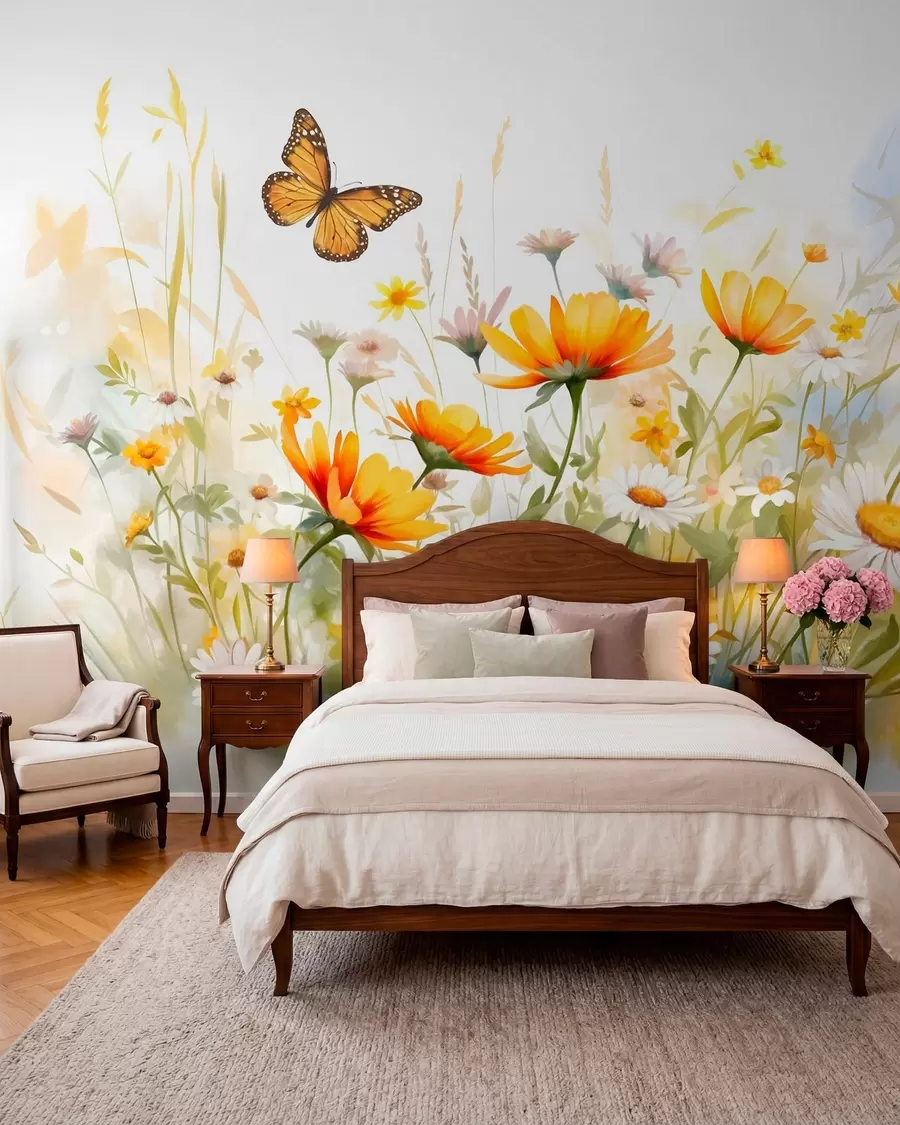 wall murals Живо поље цвећа налик акварелу са наранџастим и жутим цветовима са лептиром изнад цвећа w08739