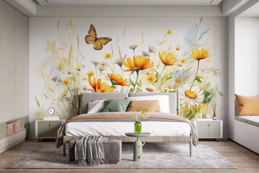 wall murals Живо поље цвећа налик акварелу са наранџастим и жутим цветовима са лептиром изнад цвећа w08739