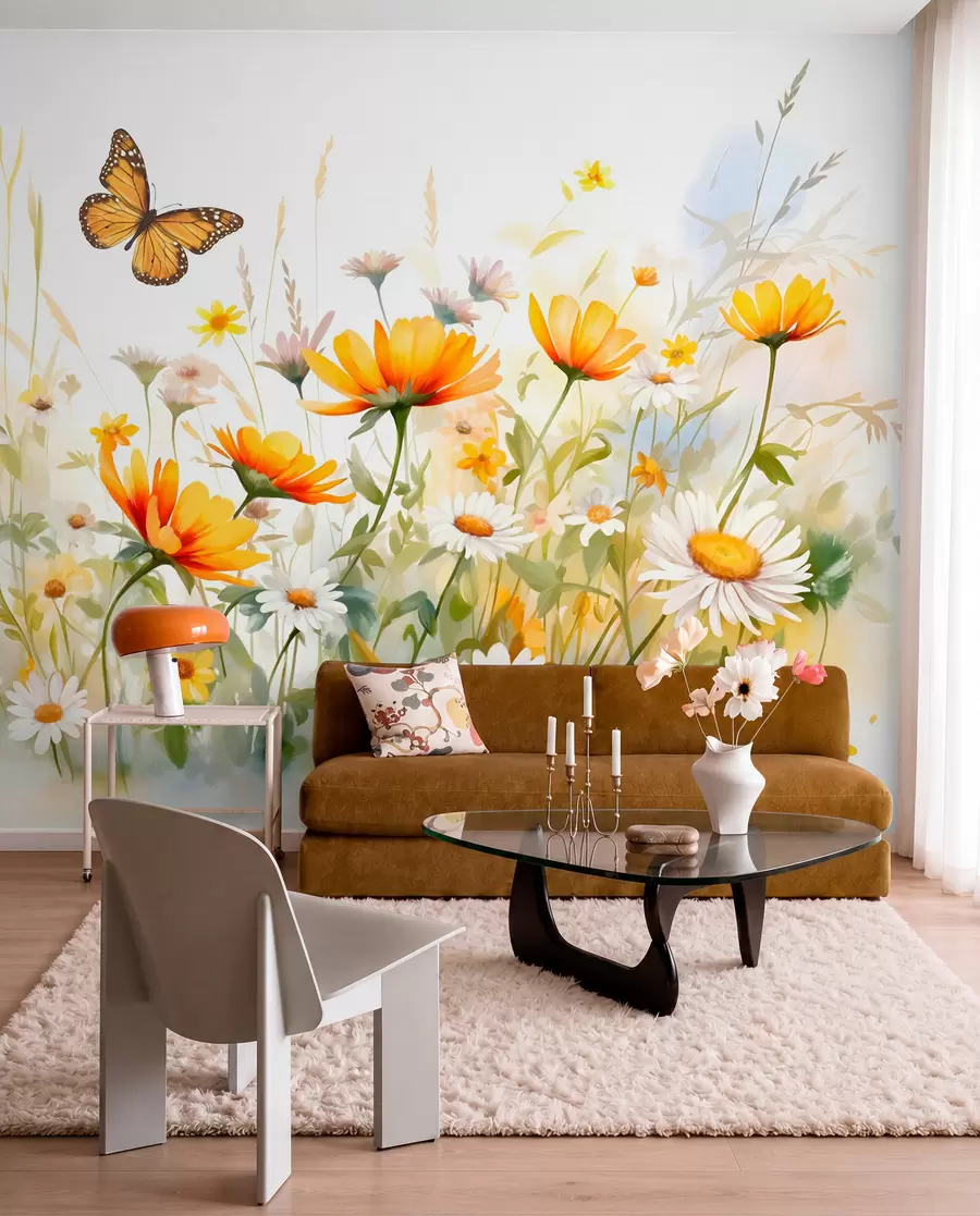 wall murals Живо поље цвећа налик акварелу са наранџастим и жутим цветовима са лептиром изнад цвећа w08739