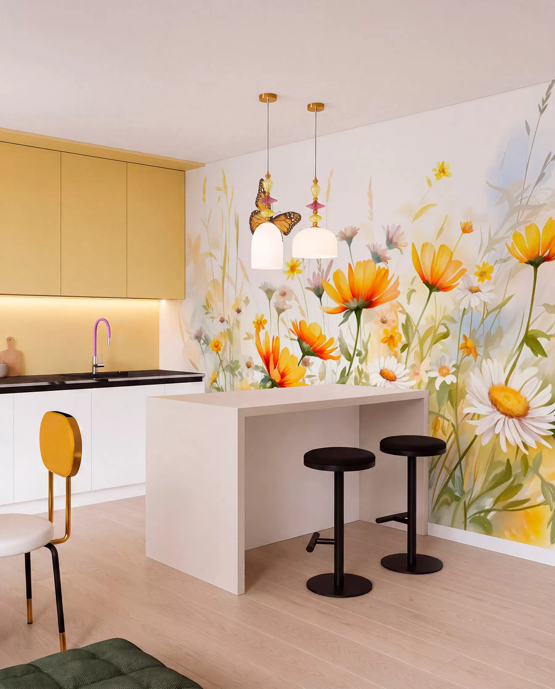 wall murals Живо поље цвећа налик акварелу са наранџастим и жутим цветовима са лептиром изнад цвећа w08739