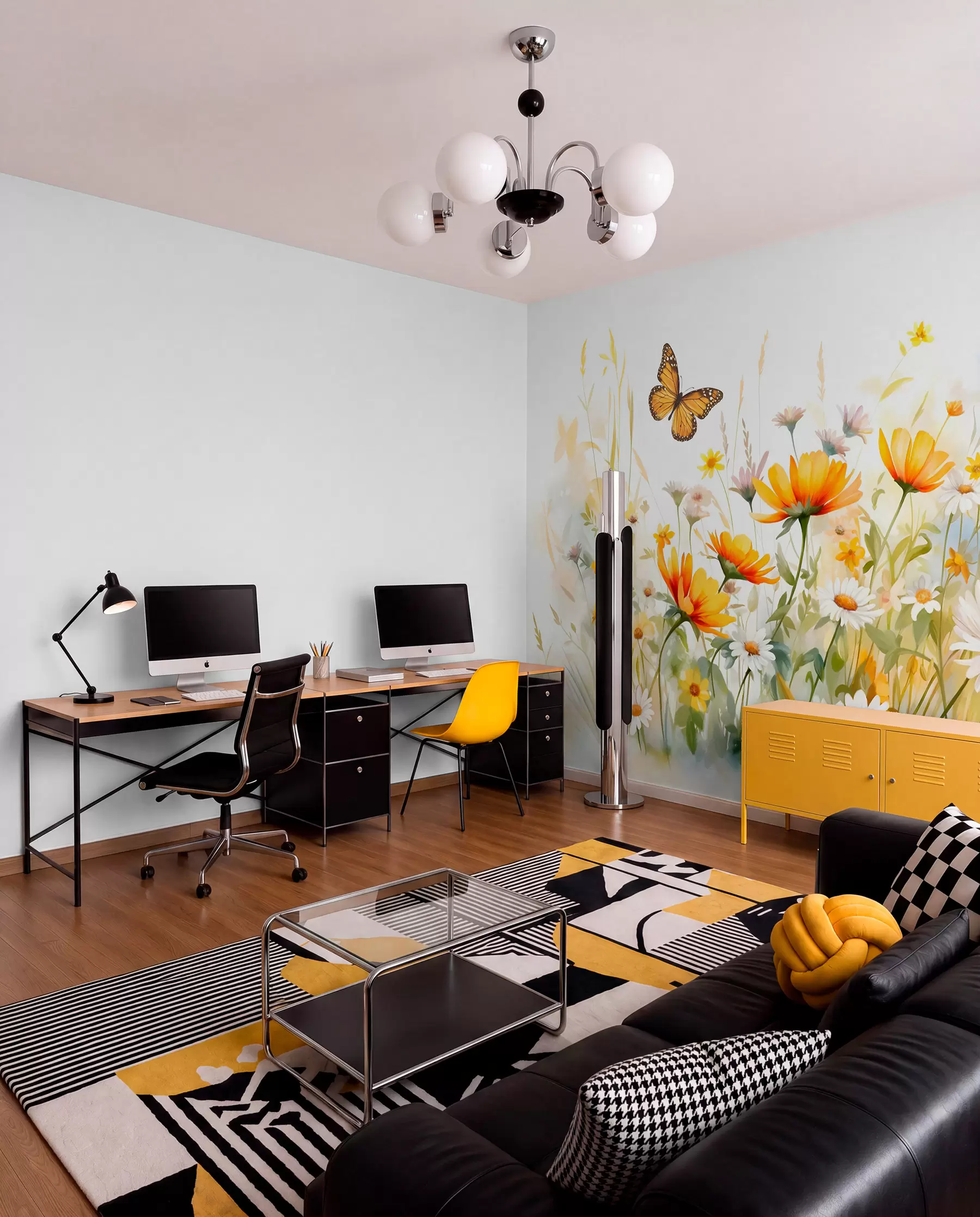 wall murals Живо поље цвећа налик акварелу са наранџастим и жутим цветовима са лептиром изнад цвећа w08739