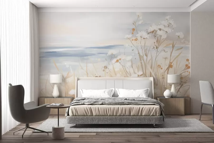 wall murals Бело апстрактно цвеће са деликатним стабљикама у трави, на мекој, пригушеној позадини мирног мора и неба w08740