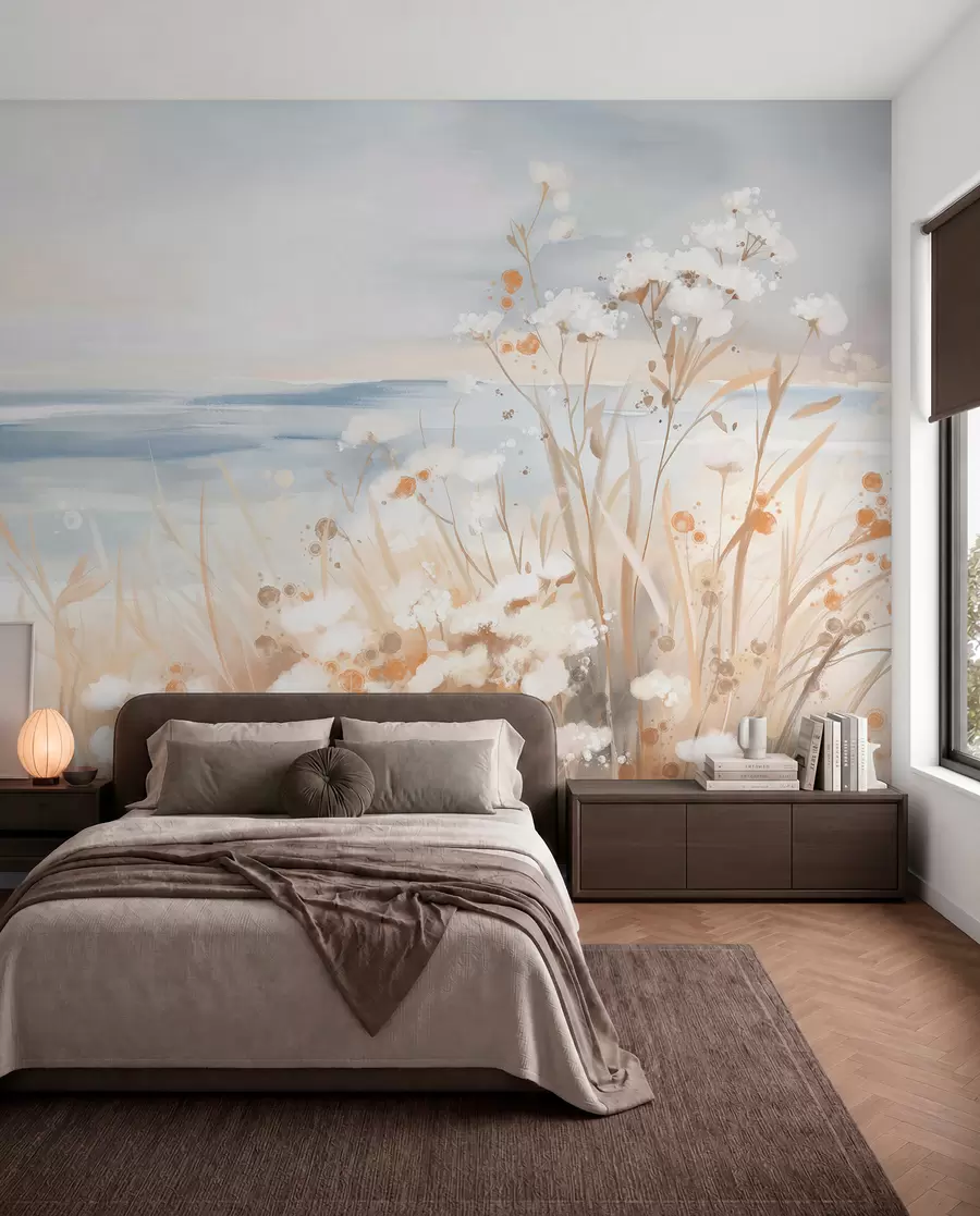 wall murals Бело апстрактно цвеће са деликатним стабљикама у трави, на мекој, пригушеној позадини мирног мора и неба w08740