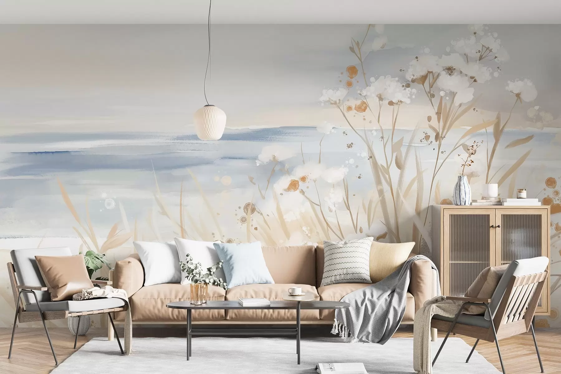 wall murals Бело апстрактно цвеће са деликатним стабљикама у трави, на мекој, пригушеној позадини мирног мора и неба w08740