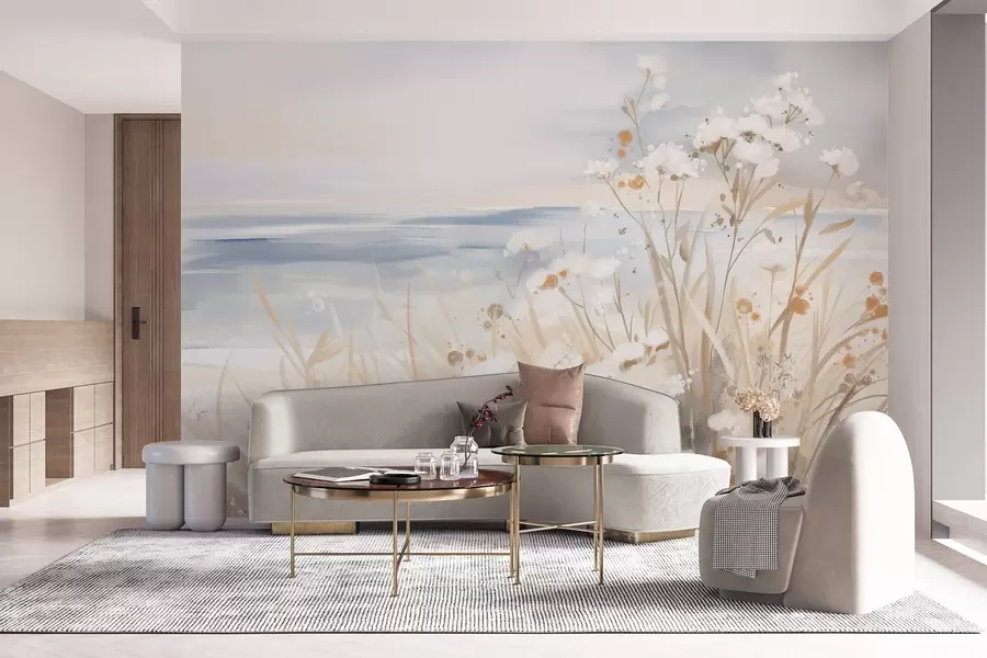 wall murals Бело апстрактно цвеће са деликатним стабљикама у трави, на мекој, пригушеној позадини мирног мора и неба w08740
