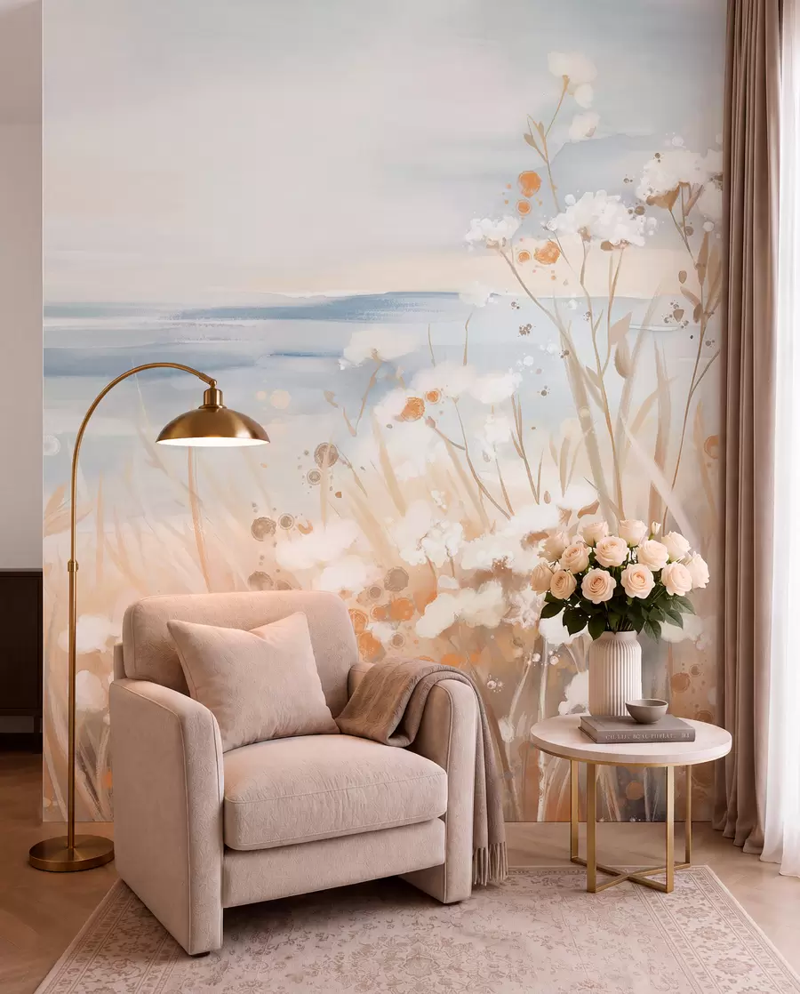 wall murals Бело апстрактно цвеће са деликатним стабљикама у трави, на мекој, пригушеној позадини мирног мора и неба w08740
