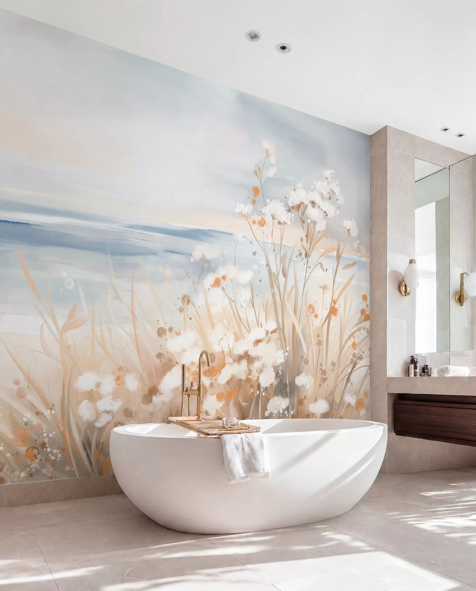 wall murals Бело апстрактно цвеће са деликатним стабљикама у трави, на мекој, пригушеној позадини мирног мора и неба w08740