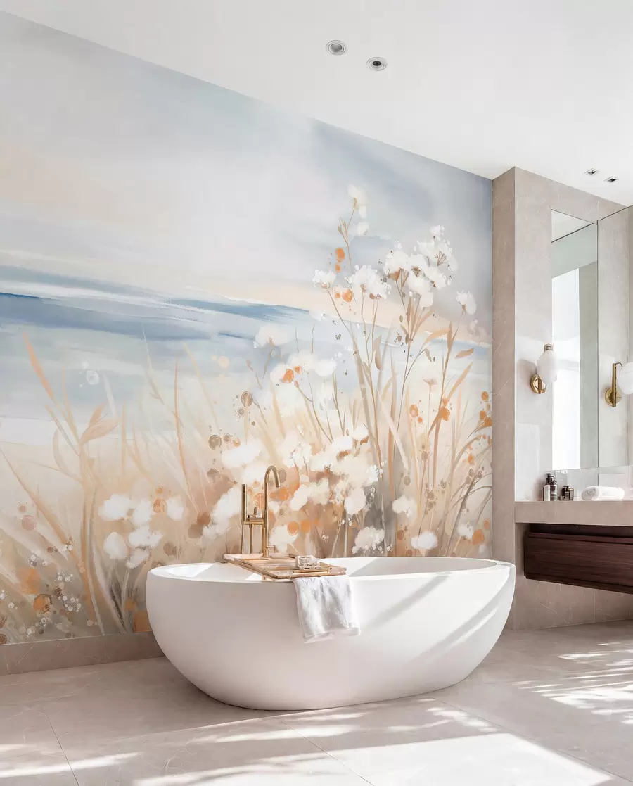 wall murals Бело апстрактно цвеће са деликатним стабљикама у трави, на мекој, пригушеној позадини мирног мора и неба w08740