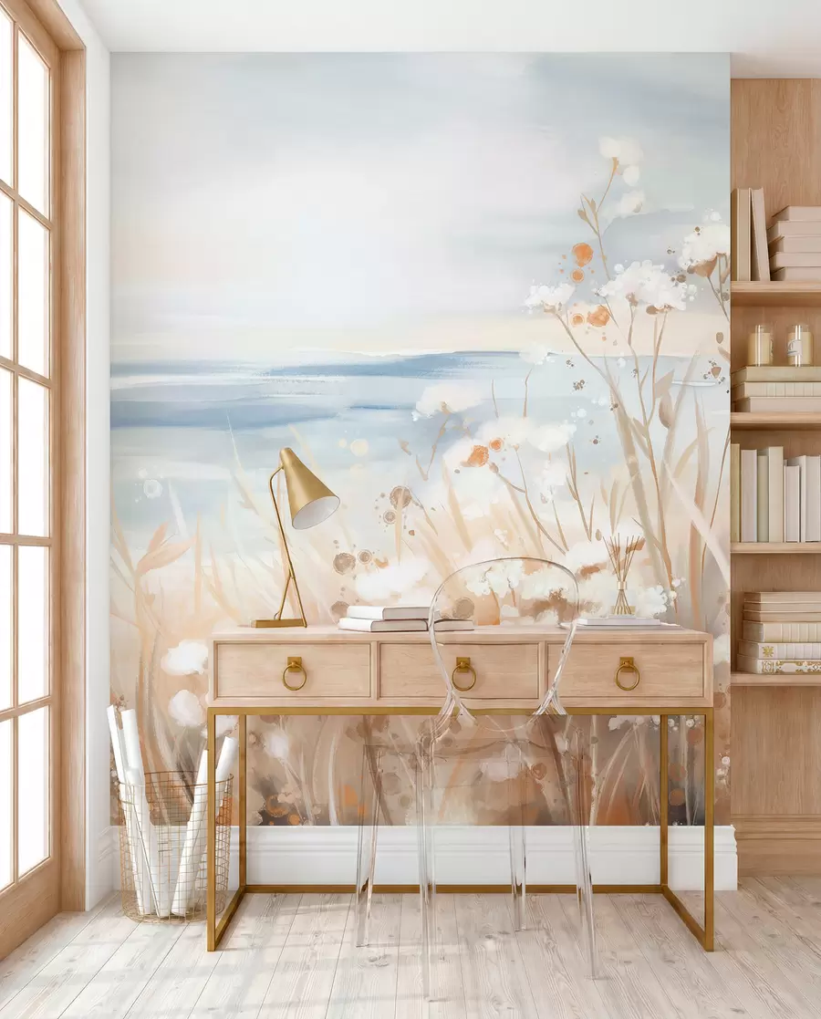 wall murals Бело апстрактно цвеће са деликатним стабљикама у трави, на мекој, пригушеној позадини мирног мора и неба w08740