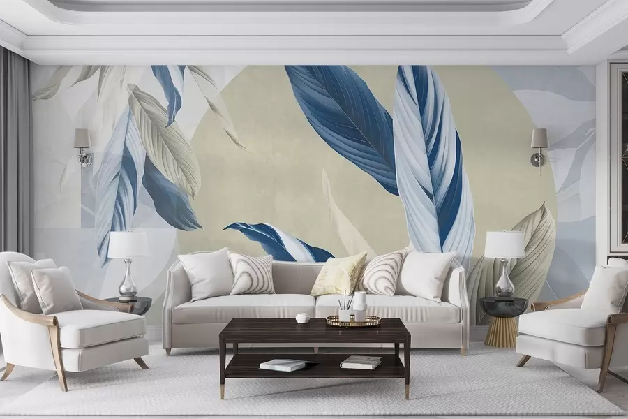 wall murals Модерна и апстрактна геометријска текстурна композиција са детаљним листовима у нијансама плаве, беж и беле w08741