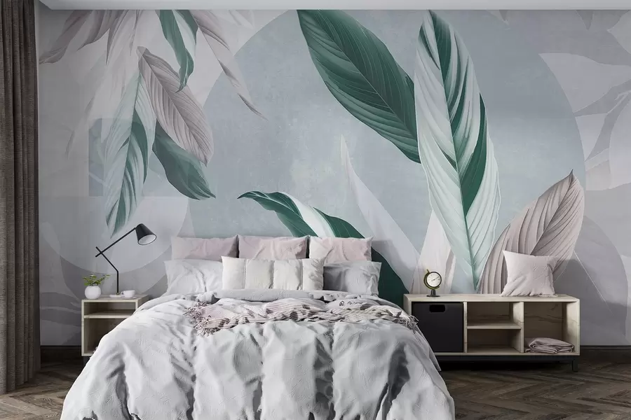 wall murals Модерна и апстрактна геометријска текстурна композиција са детаљним листовима у нијансама зелене, светлољубичасте и беле w08741v1