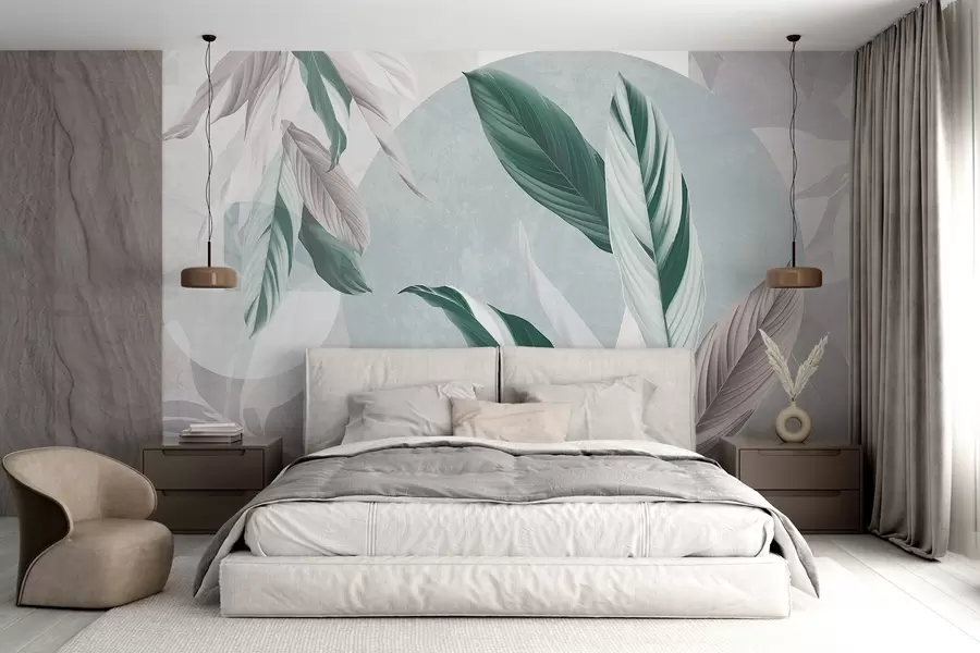 wall murals Модерна и апстрактна геометријска текстурна композиција са детаљним листовима у нијансама зелене, светлољубичасте и беле w08741v1