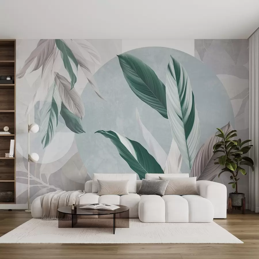 wall murals Модерна и апстрактна геометријска текстурна композиција са детаљним листовима у нијансама зелене, светлољубичасте и беле w08741v1