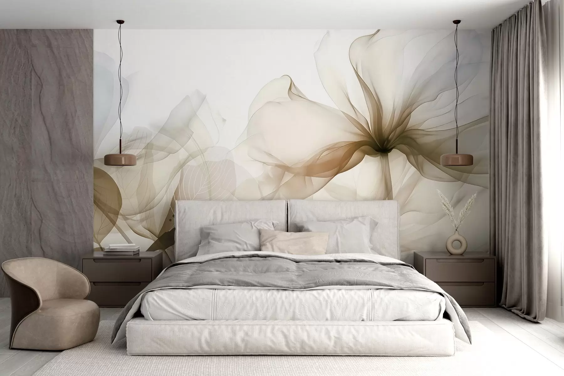 wall murals Смеђе апстрактно цвеће са меким, прозирним лепршавим латицама и деликатним детаљима, на белој позадини w08742v1