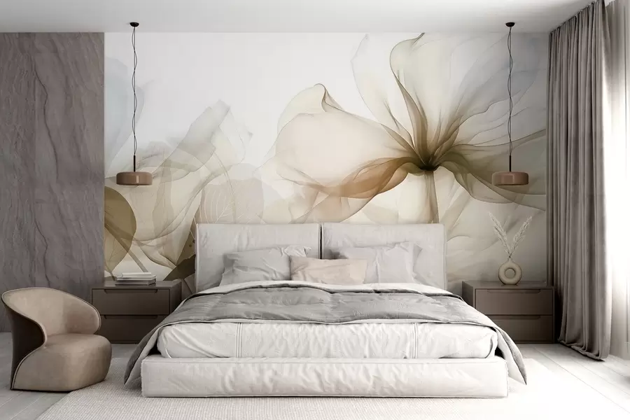 wall murals Смеђе апстрактно цвеће са меким, прозирним лепршавим латицама и деликатним детаљима, на белој позадини w08742v1