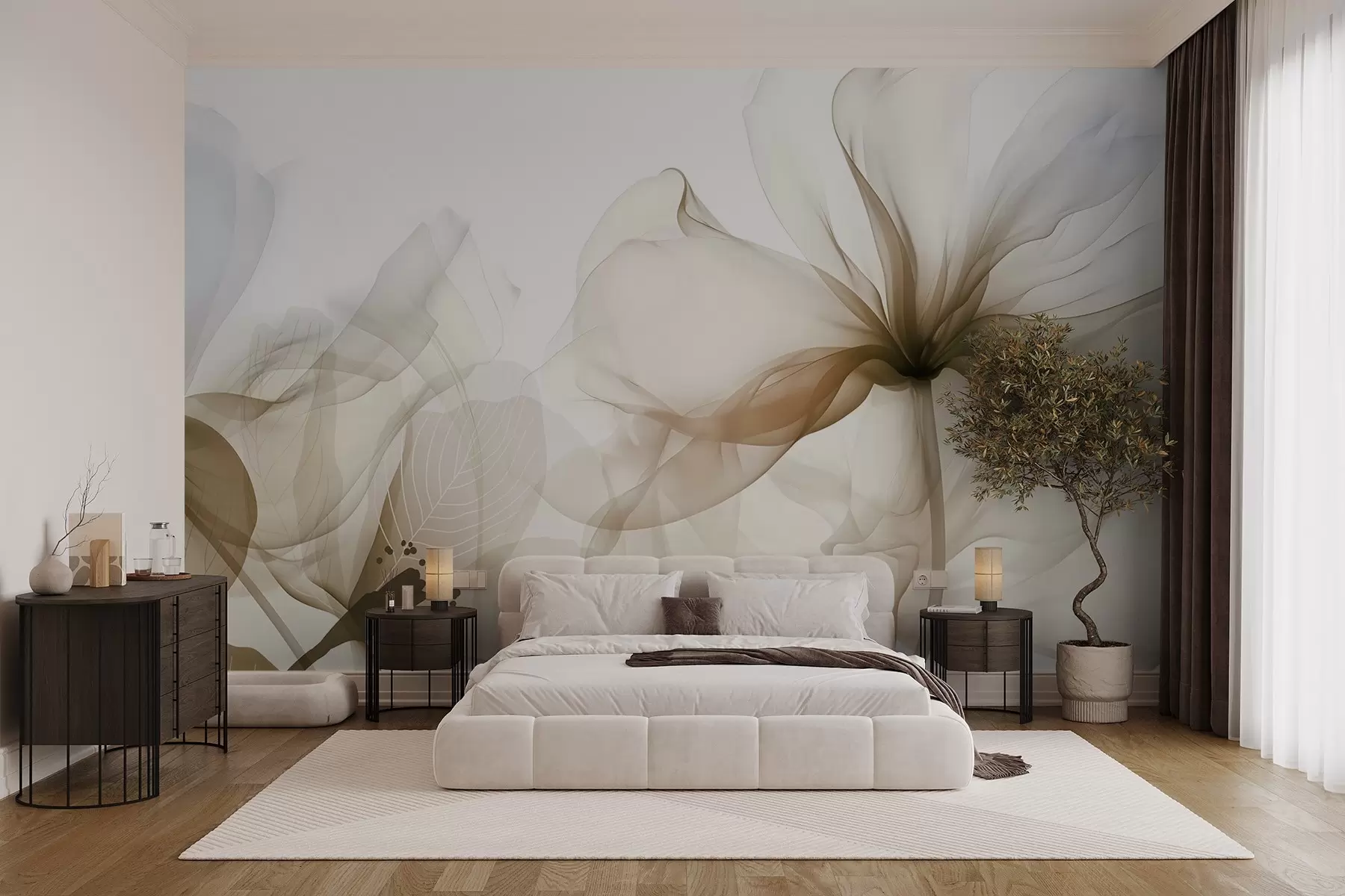 wall murals Смеђе апстрактно цвеће са меким, прозирним лепршавим латицама и деликатним детаљима, на белој позадини w08742v1