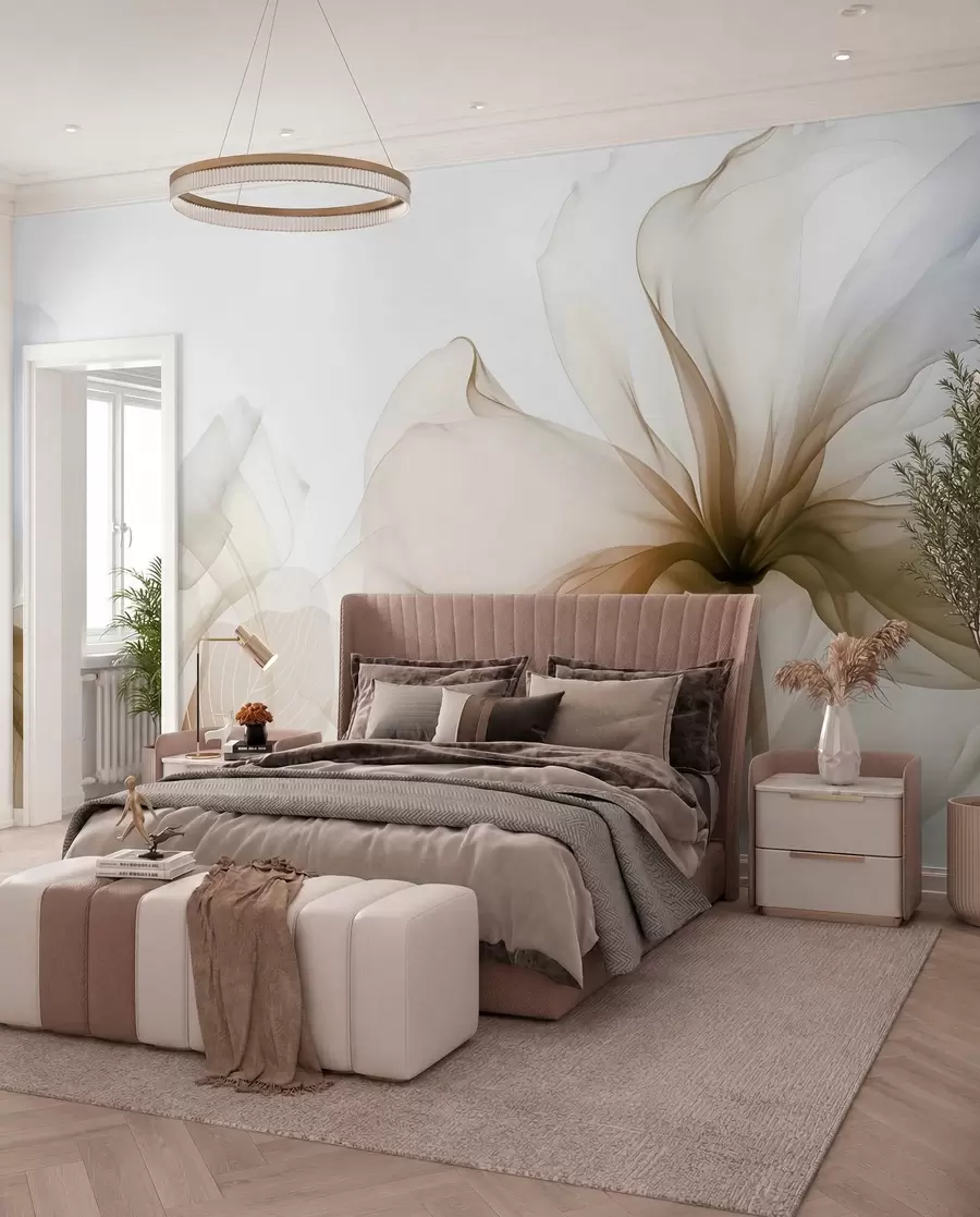 wall murals Смеђе апстрактно цвеће са меким, прозирним лепршавим латицама и деликатним детаљима, на белој позадини w08742v1