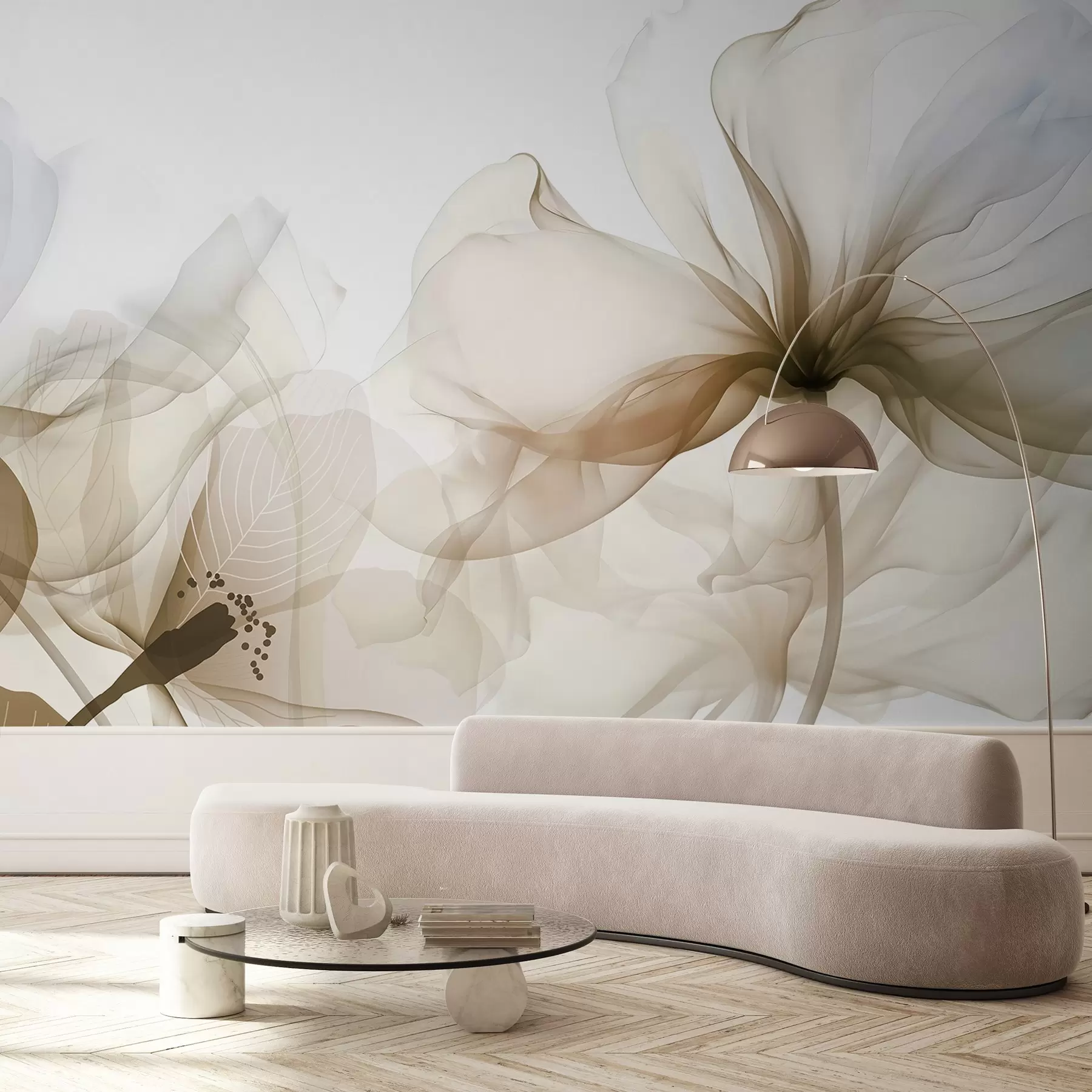 wall murals Смеђе апстрактно цвеће са меким, прозирним лепршавим латицама и деликатним детаљима, на белој позадини w08742v1