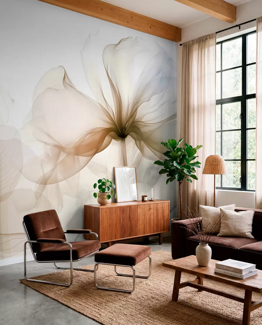 wall murals Смеђе апстрактно цвеће са меким, прозирним лепршавим латицама и деликатним детаљима, на белој позадини w08742v1