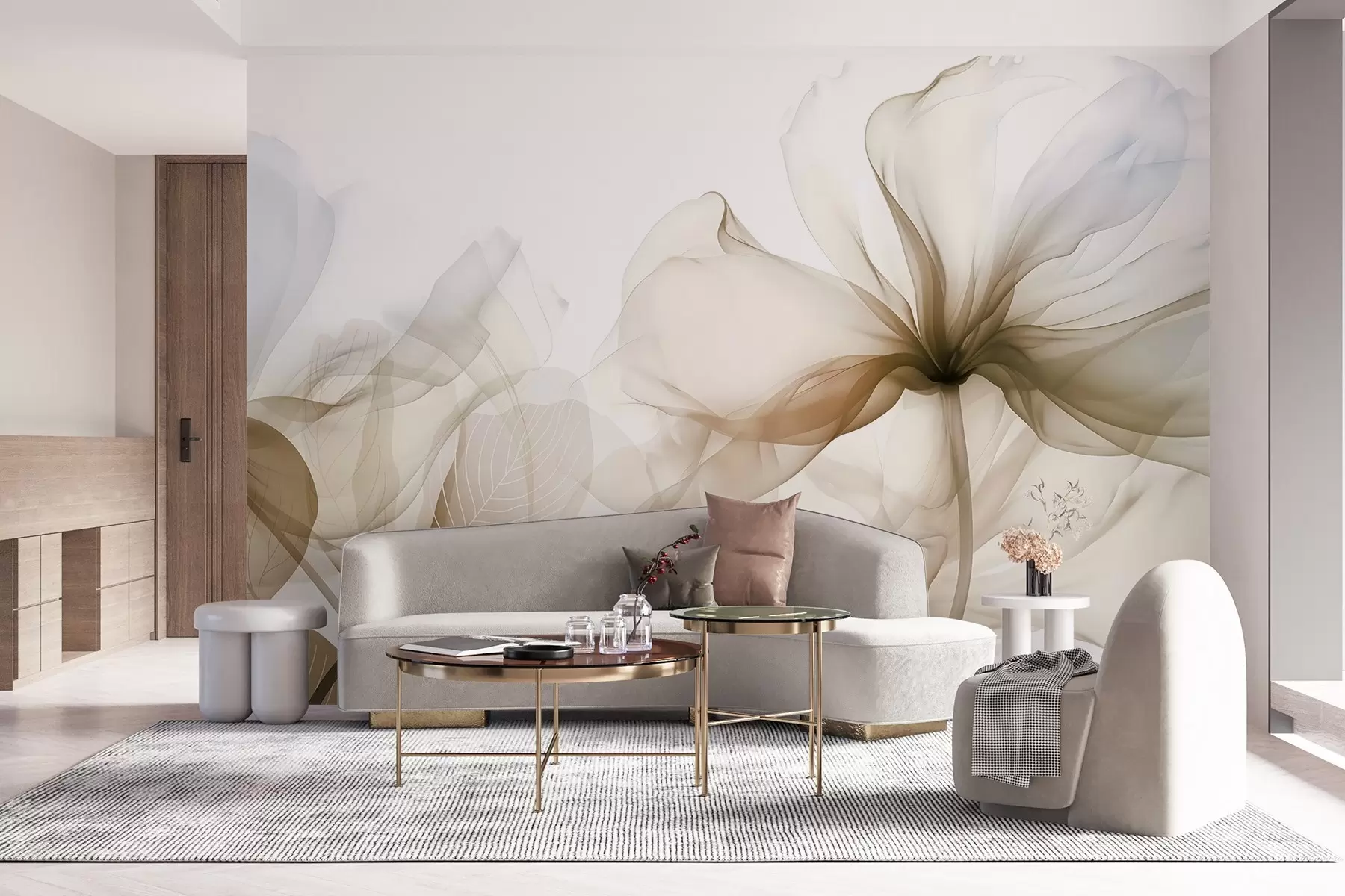wall murals Смеђе апстрактно цвеће са меким, прозирним лепршавим латицама и деликатним детаљима, на белој позадини w08742v1