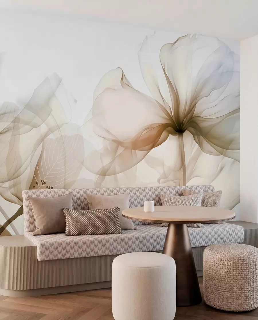 wall murals Смеђе апстрактно цвеће са меким, прозирним лепршавим латицама и деликатним детаљима, на белој позадини w08742v1