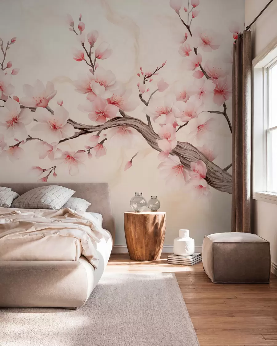 wall murals Нежна грана цвета трешње са меким ружичастим цветовима на светлој позадини w03079