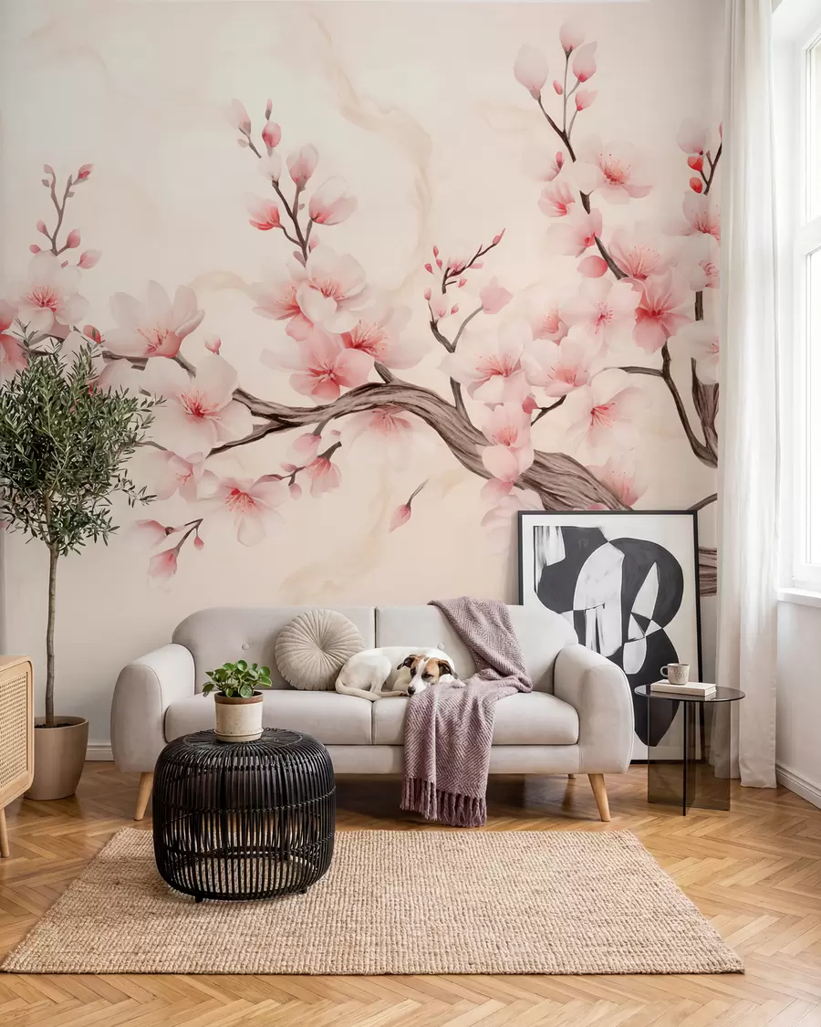 wall murals Нежна грана цвета трешње са меким ружичастим цветовима на светлој позадини w03079