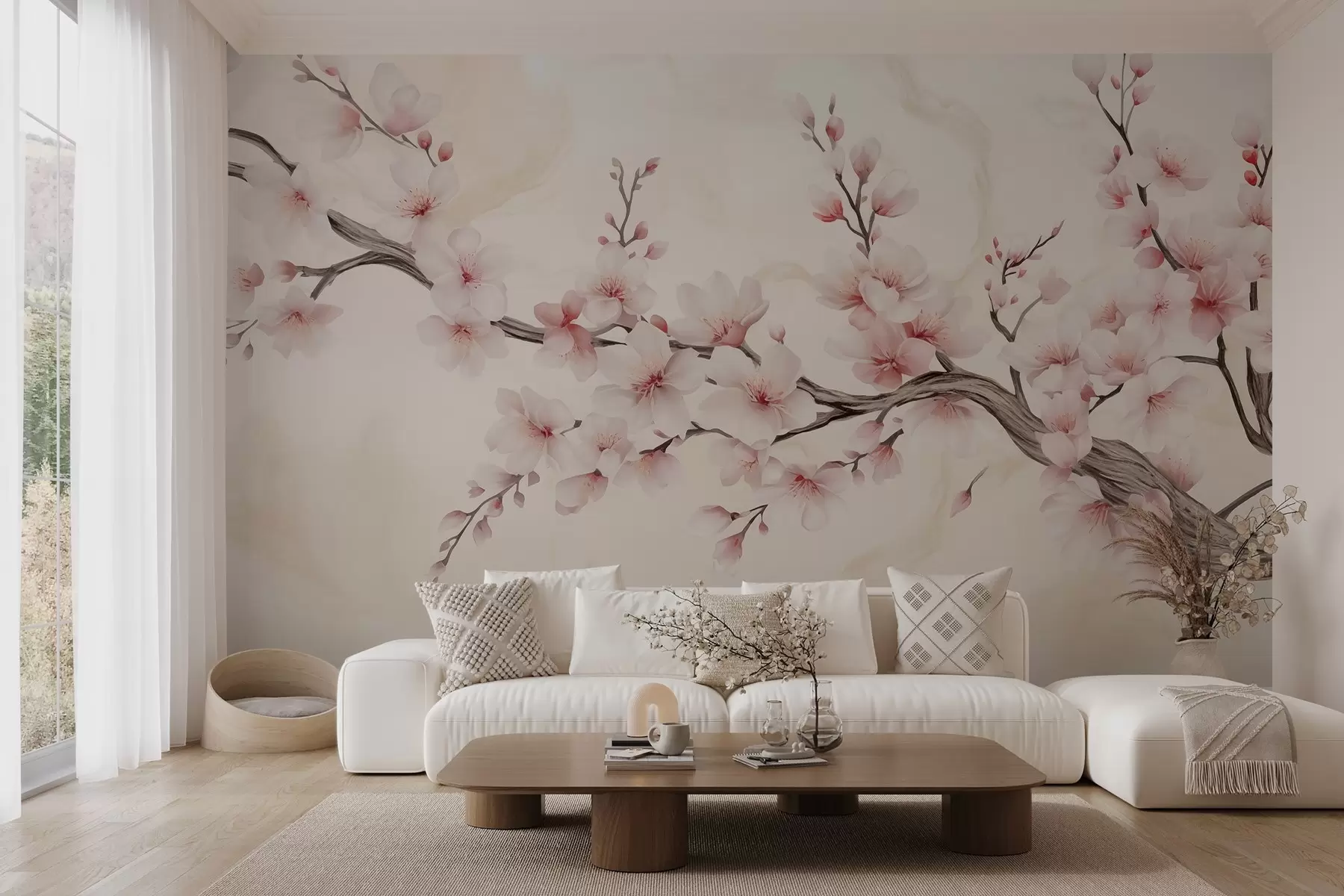 wall murals Нежна грана цвета трешње са меким ружичастим цветовима на светлој позадини w03079