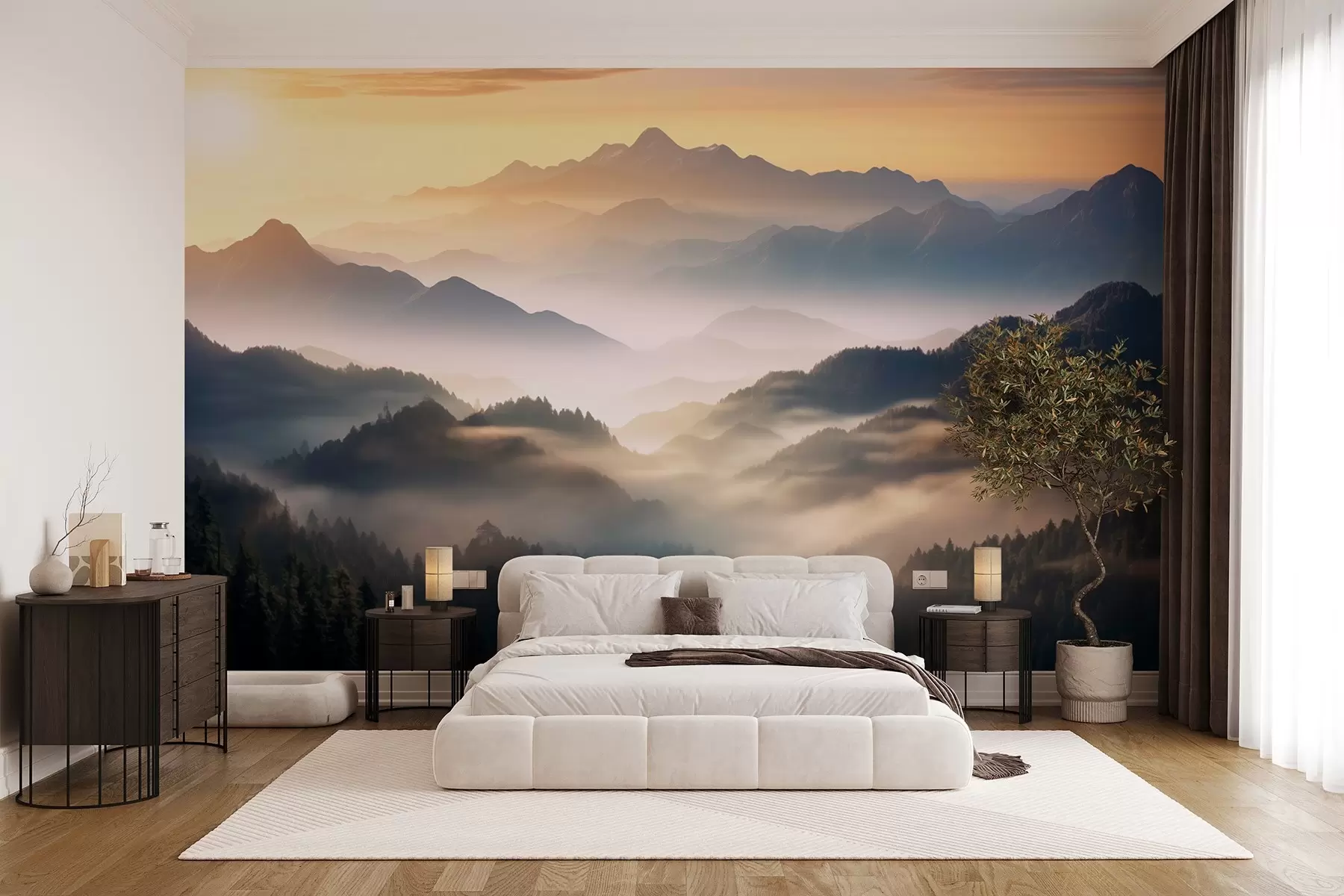 wall murals Спокојан планински пејзаж у зору, са меком маглом која обавија борове w08748