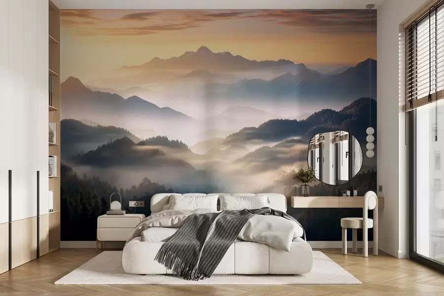 wall murals Спокојан планински пејзаж у зору, са меком маглом која обавија борове w08748