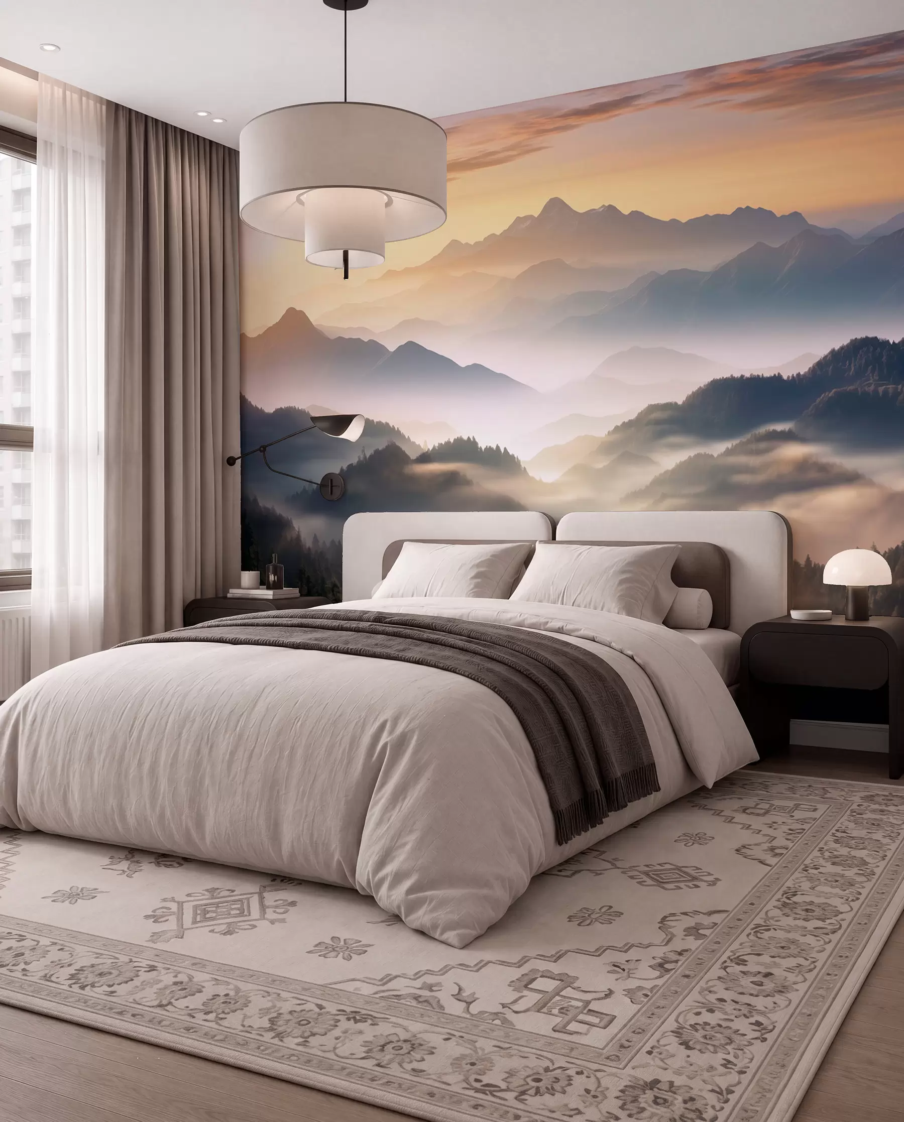 wall murals Спокојан планински пејзаж у зору, са меком маглом која обавија борове w08748