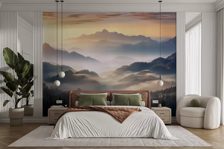 wall murals Спокојан планински пејзаж у зору, са меком маглом која обавија борове w08748