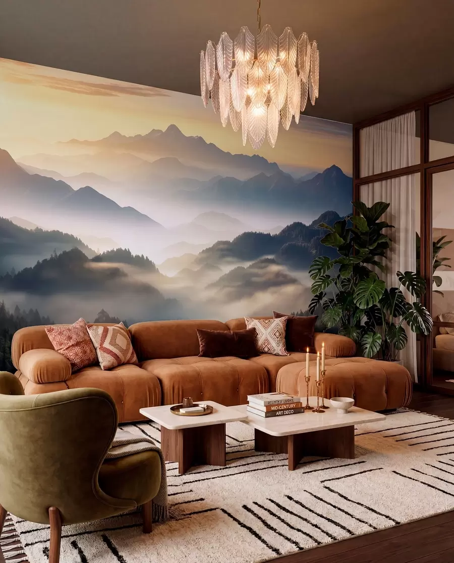 wall murals Спокојан планински пејзаж у зору, са меком маглом која обавија борове w08748