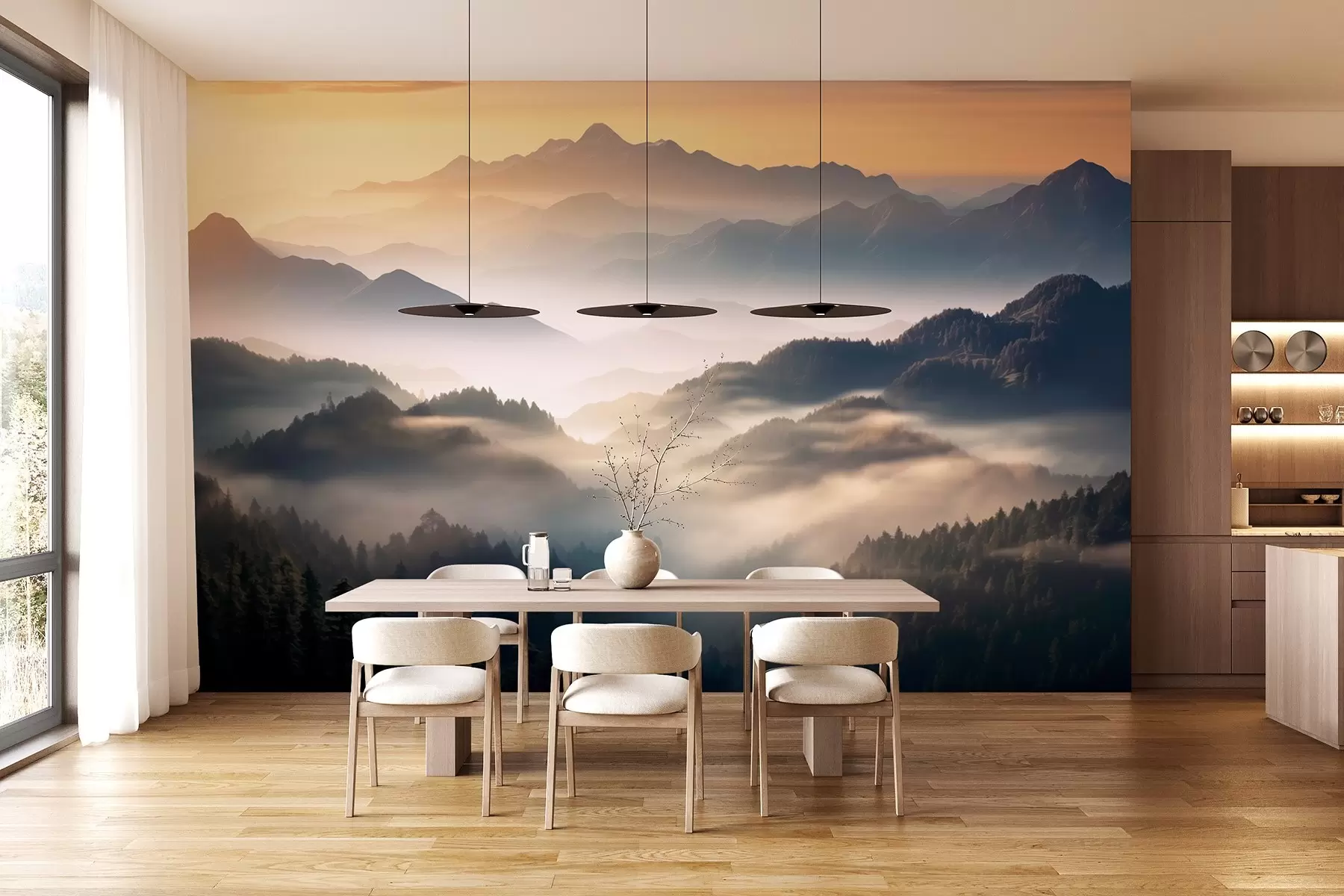 wall murals Спокојан планински пејзаж у зору, са меком маглом која обавија борове w08748