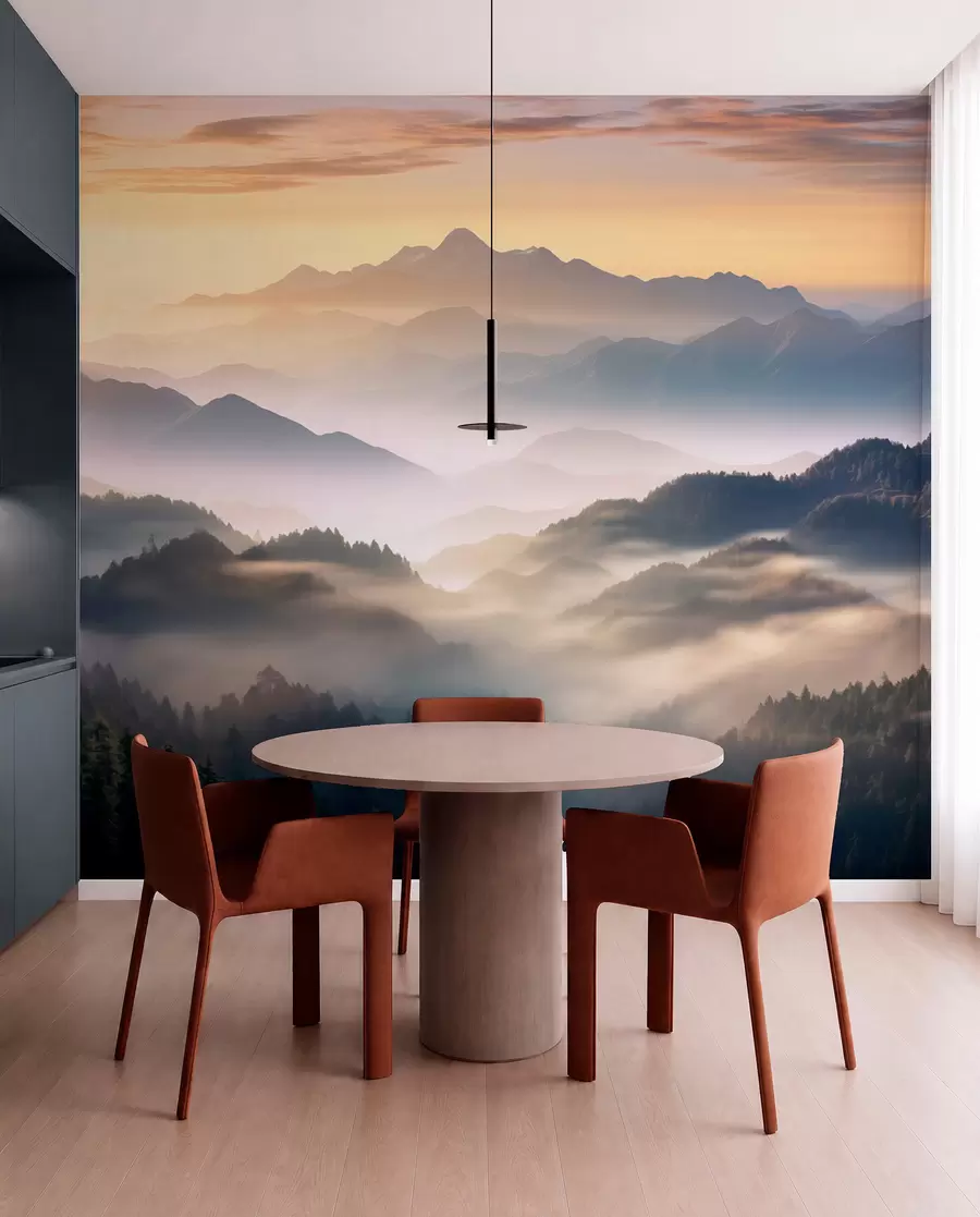 wall murals Спокојан планински пејзаж у зору, са меком маглом која обавија борове w08748