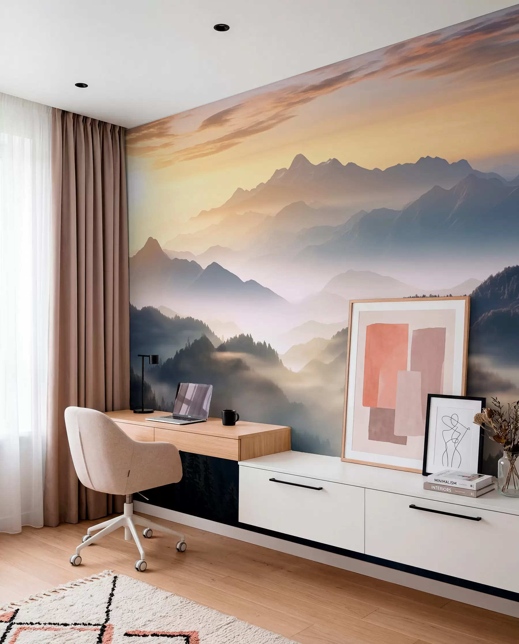 wall murals Спокојан планински пејзаж у зору, са меком маглом која обавија борове w08748