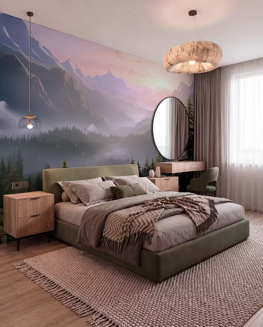wall murals Спокојан планински пејзаж у зору са меком маглом на шумској позадини w08750