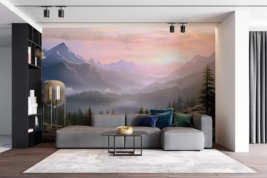 wall murals Спокојан планински пејзаж у зору са меком маглом на шумској позадини w08750