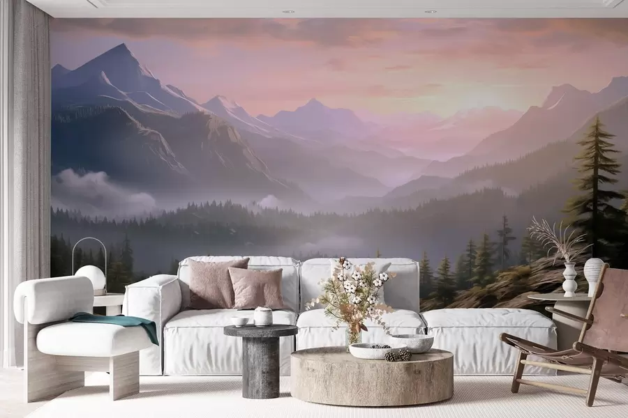 wall murals Спокојан планински пејзаж у зору са меком маглом на шумској позадини w08750
