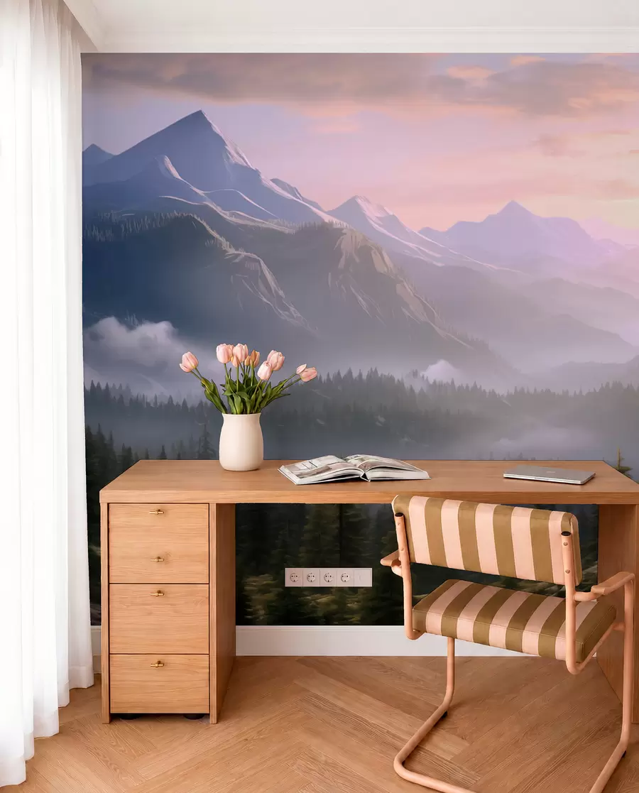 wall murals Спокојан планински пејзаж у зору са меком маглом на шумској позадини w08750