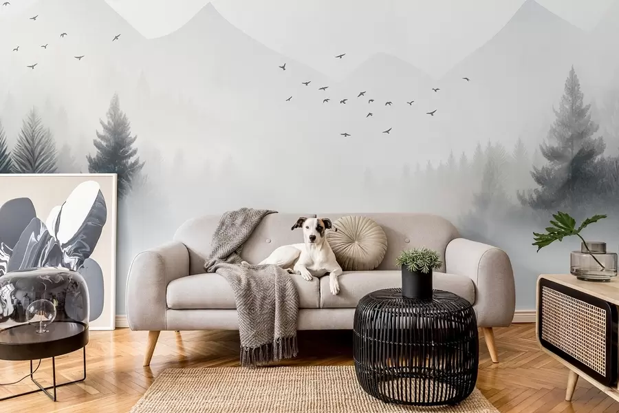 wall murals Мирна зимска шума на падини планине у нијансама беле и светло сиве w08756
