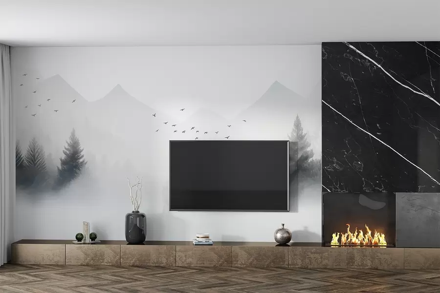 wall murals Мирна зимска шума на падини планине у нијансама беле и светло сиве w08756