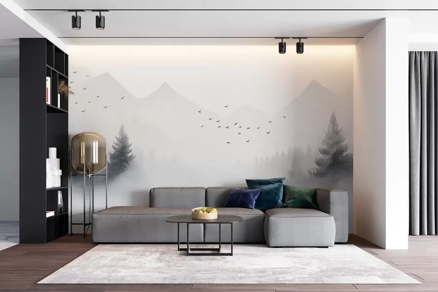 wall murals Мирна зимска шума на падини планине у нијансама беле и светло сиве w08756