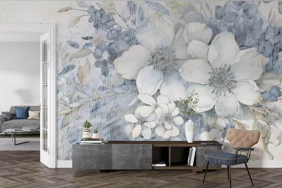 wall murals Имитација меког зида са текстурираним белим и плавим цвећем, на бледој позадини са слабим руком писаним текстом w08771