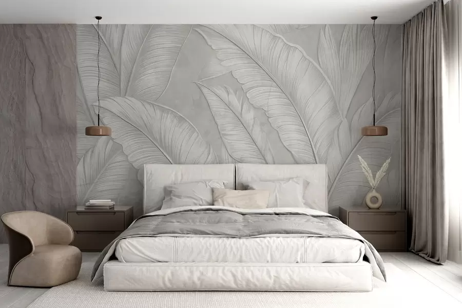 wall murals Велики тропски листови високе текстуре са детаљима у монохроматској светлосивој боји у стилу поткровља w08772