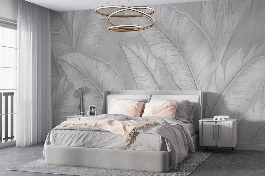 wall murals Велики тропски листови високе текстуре са детаљима у монохроматској светлосивој боји у стилу поткровља w08772