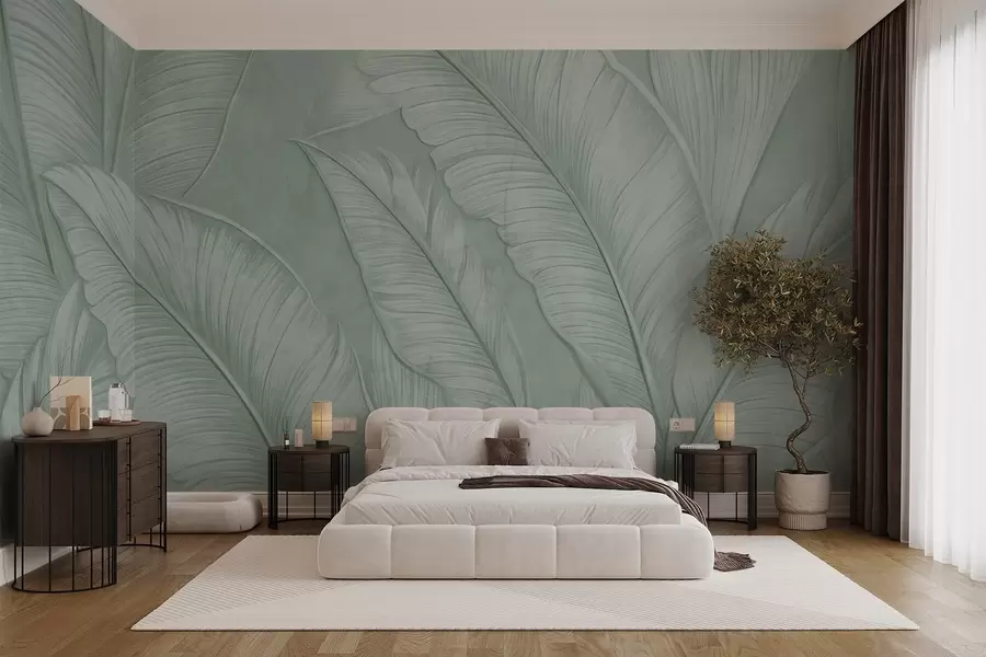 wall murals Високо текстурирани детаљни велики тропски листови у монохроматској зеленој боји у стилу поткровља w08772v1