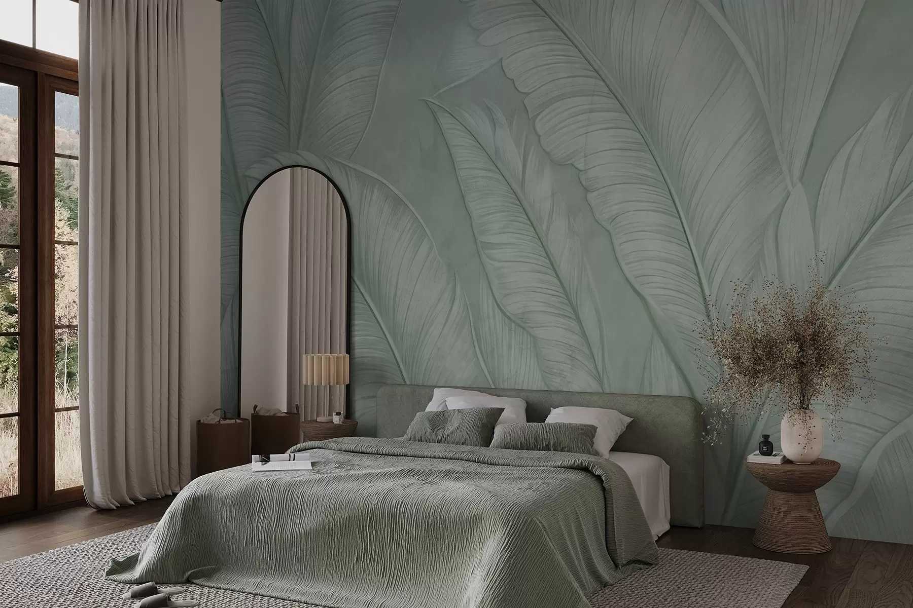 wall murals Високо текстурирани детаљни велики тропски листови у монохроматској зеленој боји у стилу поткровља w08772v1
