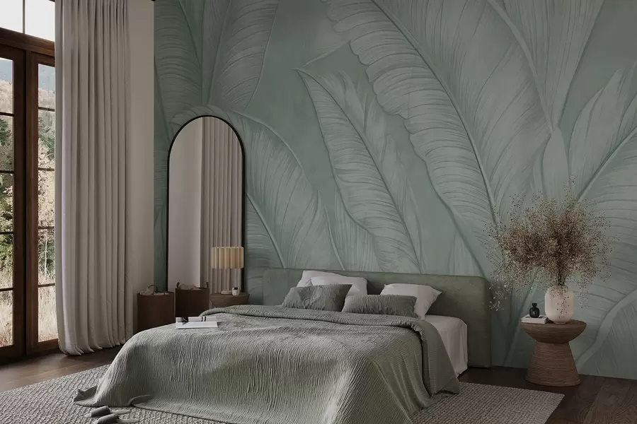 wall murals Високо текстурирани детаљни велики тропски листови у монохроматској зеленој боји у стилу поткровља w08772v1